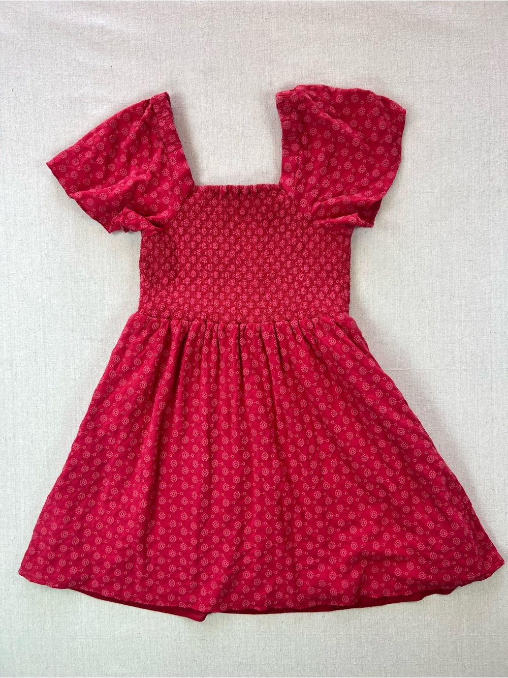 Women’s Red Puff-Sleeve Short Romantic Feminine Whimsical Fun Smocked Dress - M